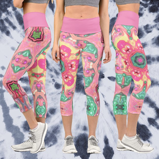 Leggings Capri Psicodélico Mandala Flor Rosa Verde y Amarillo (Subido por el creador)