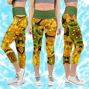 Leggings Capri Psicodélico Mandala Flor Verde y Amarillo