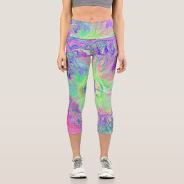 Leggings Capri Psicodélico Trippy Lime Green y Púrpura Hibiscus
