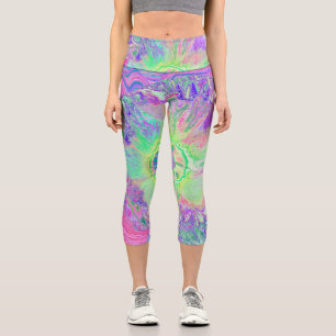 Leggings Capri Psicodélico Trippy Lime Green y Púrpura Hibiscus