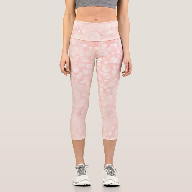 Leggings Capri Punto de polka de burbujas blancas rosas (Anverso)