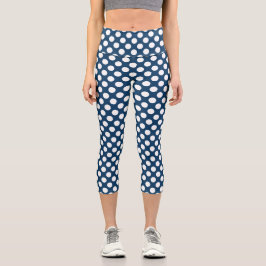 Leggings Capri Puntos de Polka Azul de la Marina, Patrón de Punto