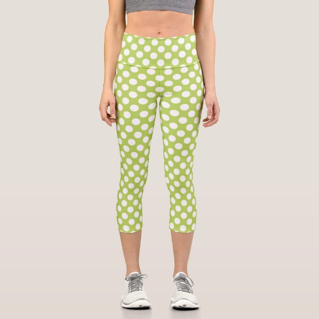 Leggings Capri Puntos de Polka Verde, Patrón De Punto De Polka, P (Anverso)