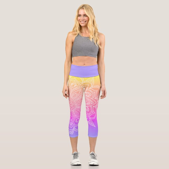 Leggings Capri Púrpura arcoiris y manjala blanca Yoga Capri Leggi (Anverso)
