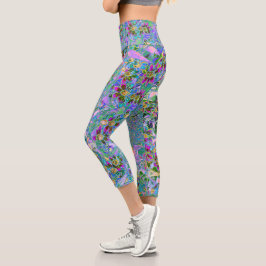 Leggings Capri Púrpura Retro, Flores salvajes verdes y azules en 