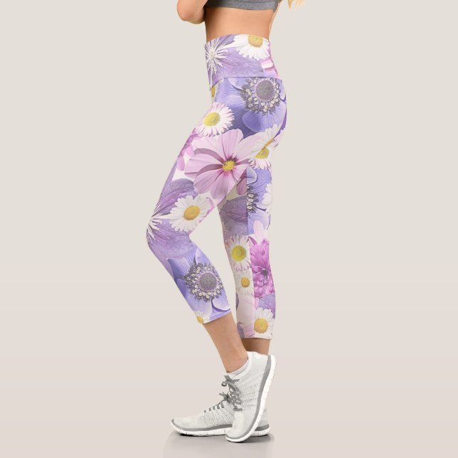 Leggings Capri púrpura rosa hermoso patrón de flores (Izquierda)