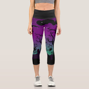 Leggings Capri Púrpura y azul acuático cementerio Halloween