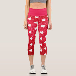 Leggings Capri Purpurina blanco rojo de patrón de corazón corto