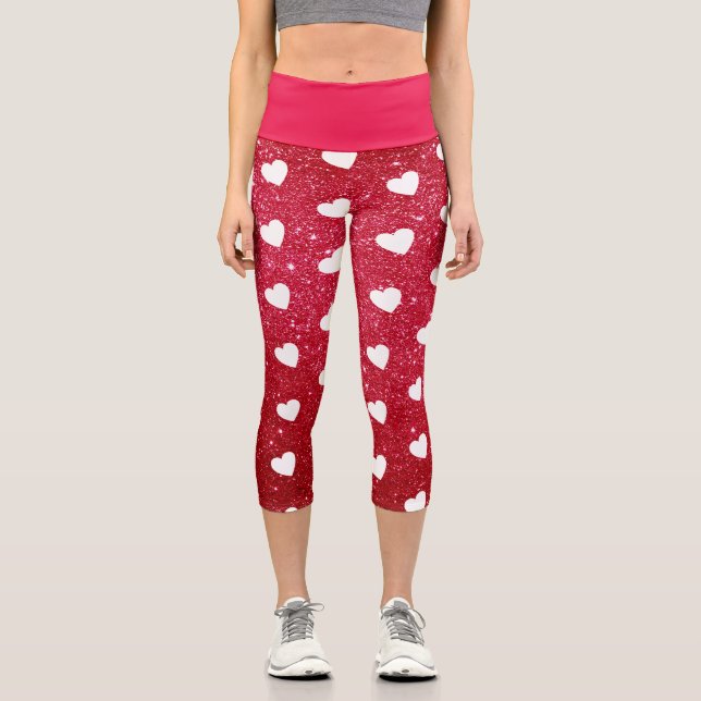 Leggings Capri Purpurina blanco rojo de patrón de corazón corto (Anverso)