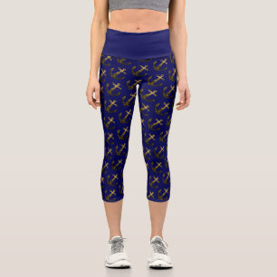 Leggings Capri Purpurina de chispa de oro Patrón de anclaje azul