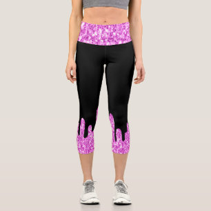 Leggings Capri Purpurina de esparkles de goteo negro rosado