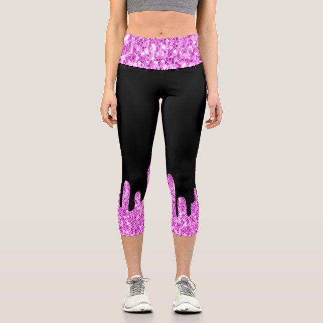 Leggings Capri Purpurina de esparkles de goteo negro rosado (Anverso)