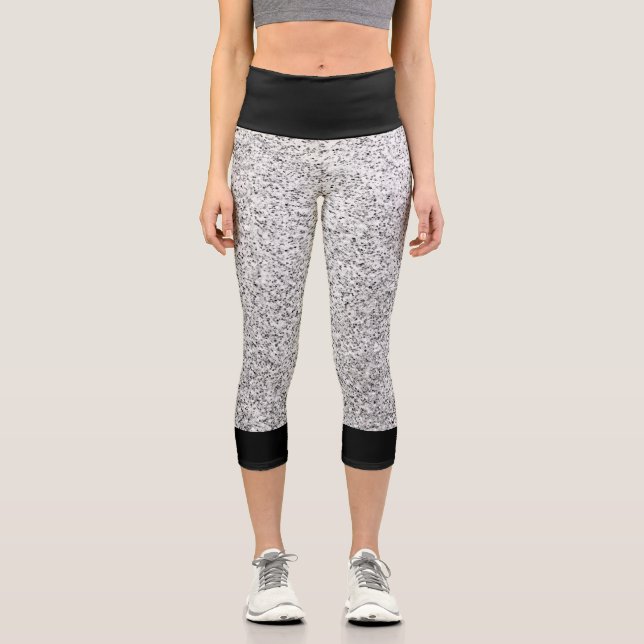 Leggings Capri Purpurina de luz gris plateado brillante con negro (Anverso)