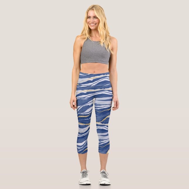 Leggings Capri Purpurina de oro de Blue Marble Agate (Anverso)