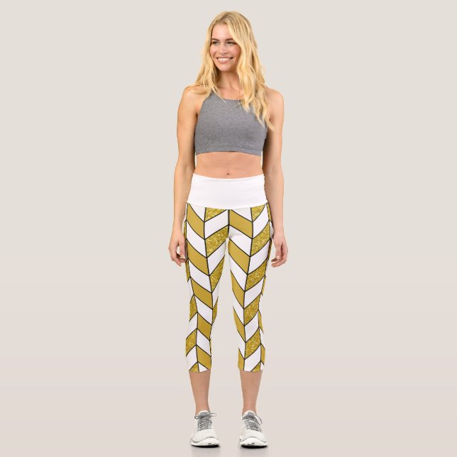 Leggings Capri Purpurina de oro Herringbone Chevron (Anverso)