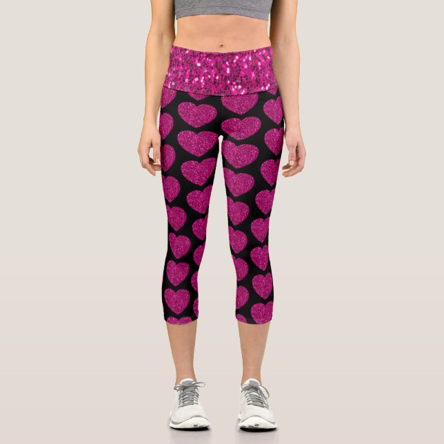 Leggings Capri Purpurina falso de corazón rosado brillante patrón (Anverso)
