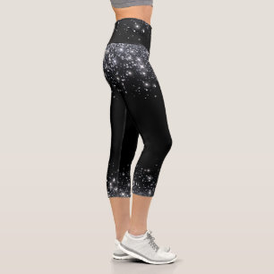Leggings Capri Purpurina negro y plateado moderno de alto rendimi