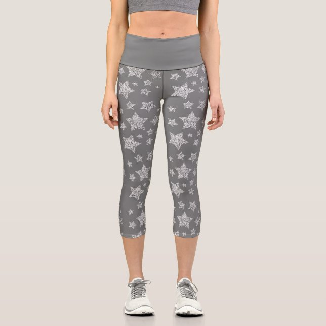 Leggings Capri Purpurina plateado chispa Estrellas patrón gris cl (Anverso)