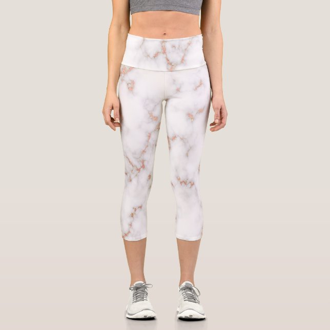 Leggings Capri Purpurina Rubor de lujo Marble blanco rosado (Anverso)