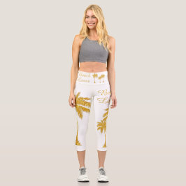 Leggings Capri Purpurina Tropical Oro Beach Lover White