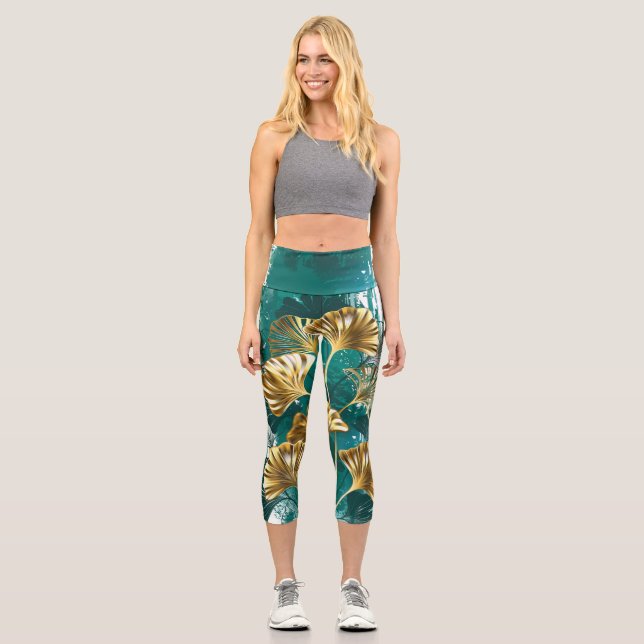 Leggings Capri Rama con hojas doradas Ginko Biloba (Anverso)