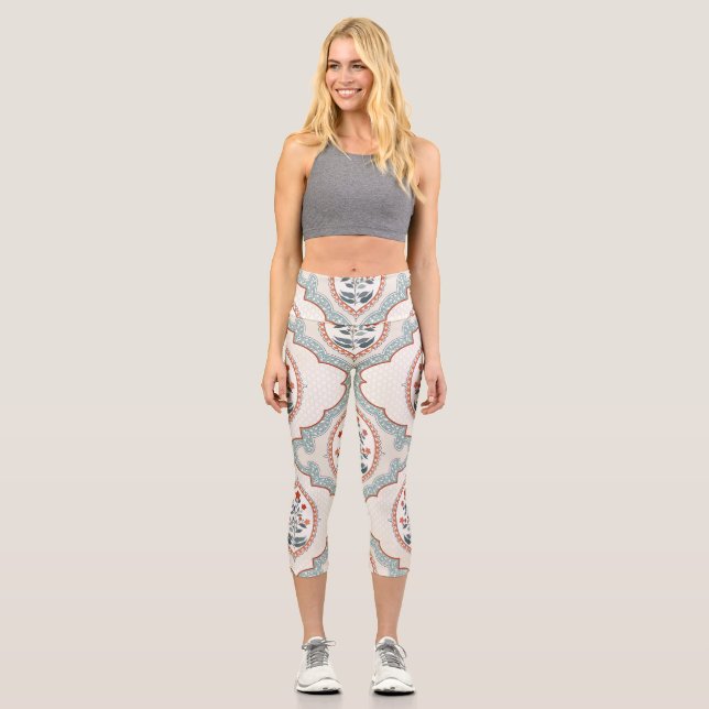 Leggings Capri Ramas de flores antiguas, textiles indios. (Anverso)