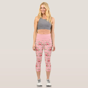 Leggings Capri Ramo de Rosas Pintadas de Rosa Patrón