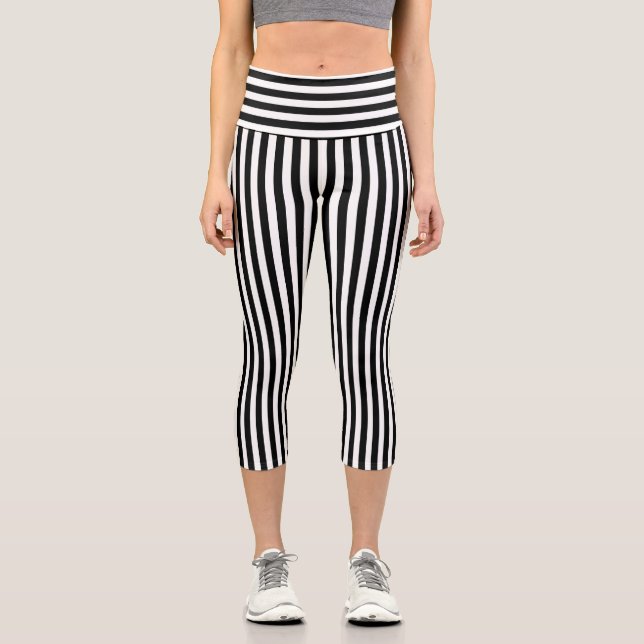 Leggings Capri Rayas delgadas en blanco y negro (Anverso)