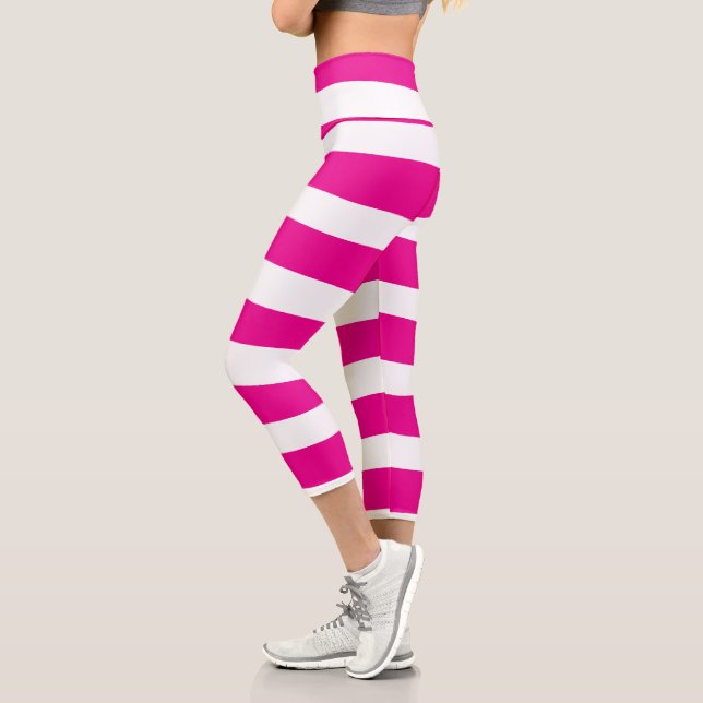 Leggings Capri Rayas desiguales en magenta y blanco (Izquierda)