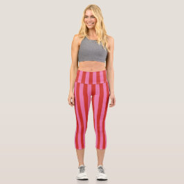 Leggings Capri Rayas divertidas de color rosa y rojo intenso de l