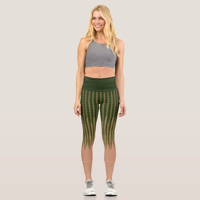 Leggings Capri Rayas onduladas verdes y tan abstractas ilustran l (Anverso)