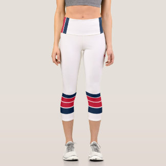 Leggings Capri Rayas Retro Azules y Rojas en Minimalista Blanco