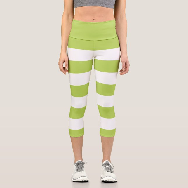 Leggings Capri Rayas verdes, rayas blancas, patrón rayado (Anverso)