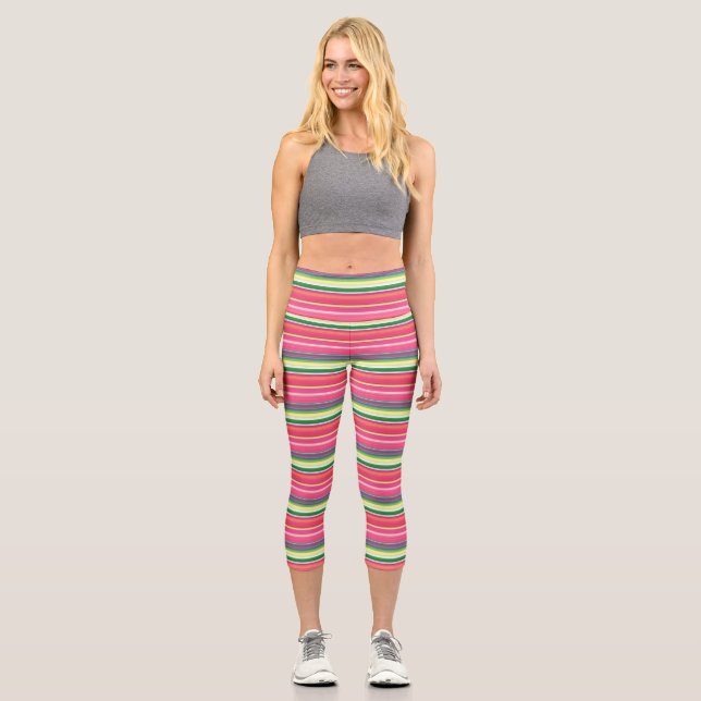 Leggings Capri Rayas verdes rosadas gruesas (Anverso)
