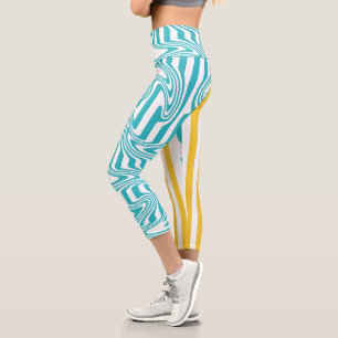 Leggings Capri Rayas y remolinos en turquesa y amarillo