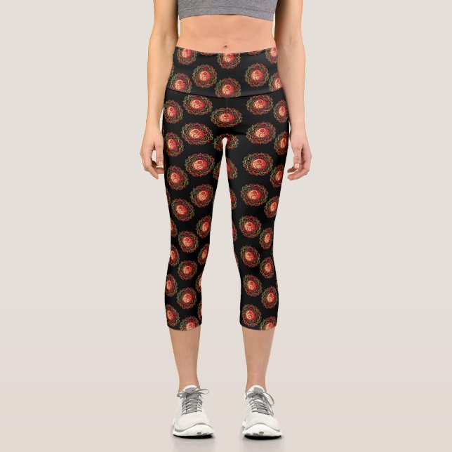 Leggings Capri Red and Gold Mandala Black Background (Anverso)