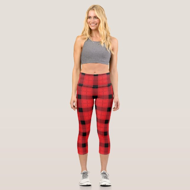 Leggings Capri Red Black Buffalo Plaid Check Women's (Anverso)