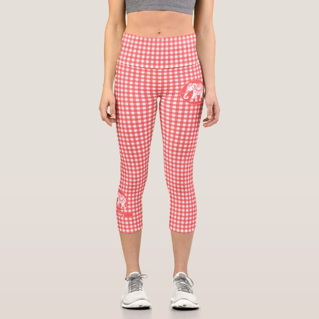 Leggings Capri Red Gingham Plaid con nombre y elefante blanco (Anverso)