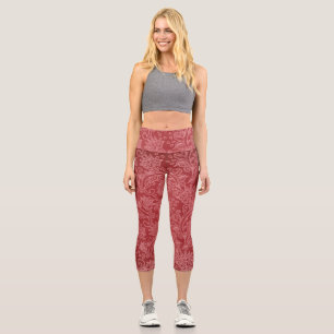 Leggings Capri Red Paisley Damask Designer Floral Classic