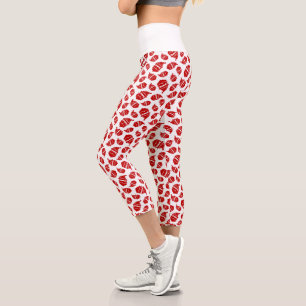 Leggings Capri Red Santa Head on White Background Pattern