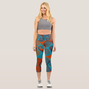 Leggings Capri Remolino abstracto de naranja y turquesa