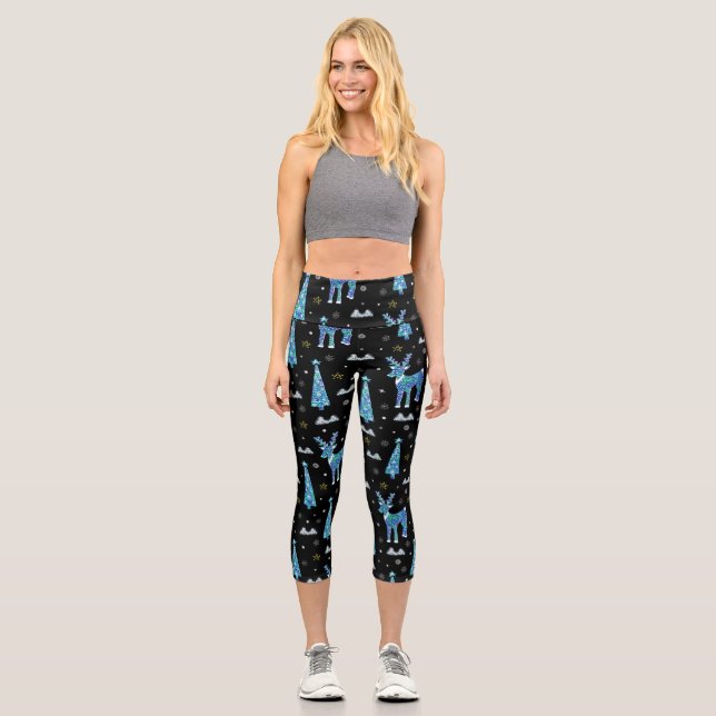 Leggings Capri Renos, copos de nieve, patrón de Navidades (Anverso)