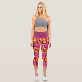 Leggings Capri Resumen caprichoso Flamingo Naranja Rosa Floral