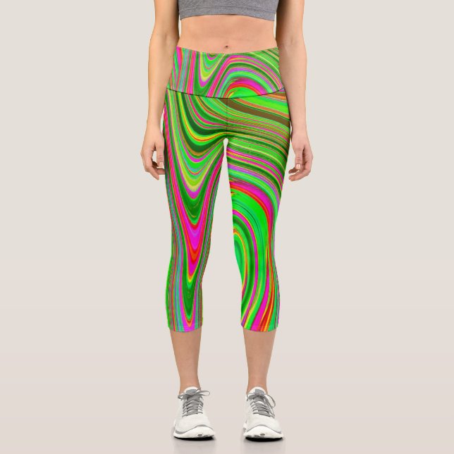 Leggings Capri Resumen de arte groovy de trippy Lime Green y Mage (Anverso)