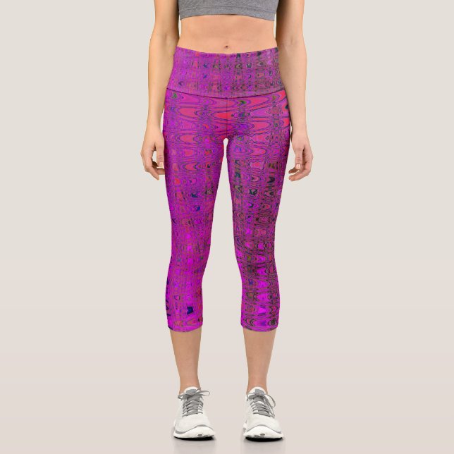 Leggings Capri Resumen de las ondas de boomerang retro magenta (Anverso)