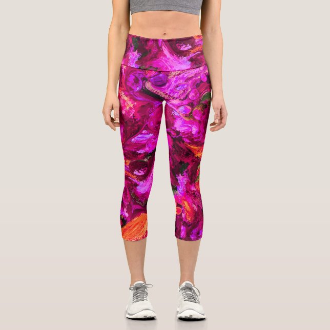 Leggings Capri Resumen en púrpura, Naranja y verde (Anverso)