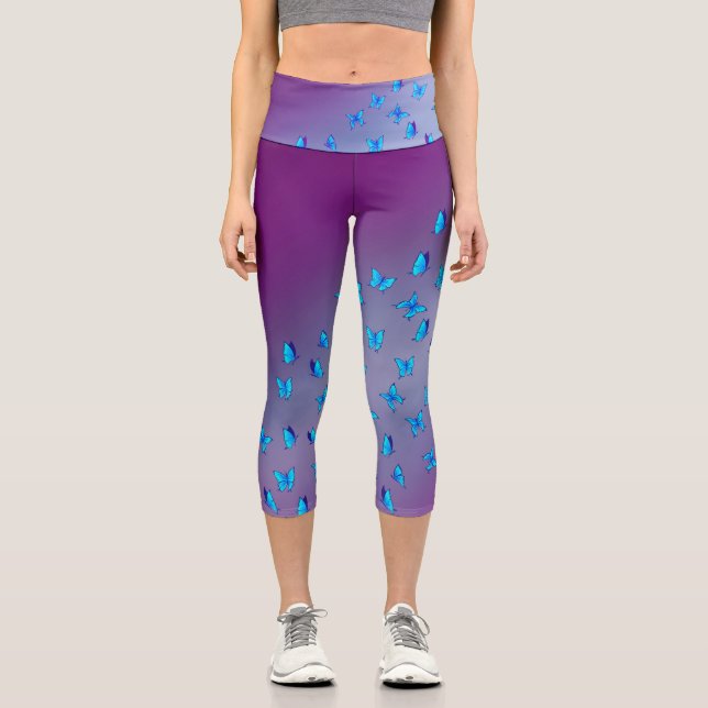 Leggings Capri Resumen Morado y azul Luna y mariposas (Anverso)