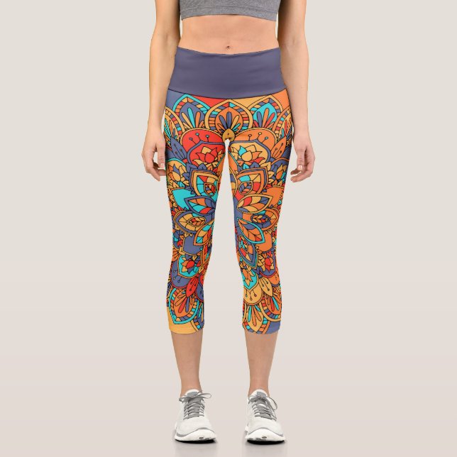 Leggings Capri Resumen naranja morado zen funky arte (Anverso)