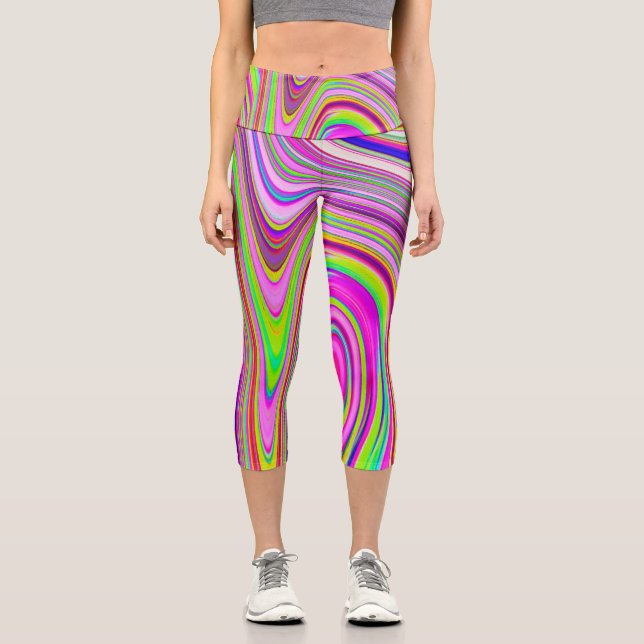 Leggings Capri Resumen rocoso amarillo y rosa Groovy arte retro (Anverso)