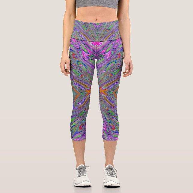 Leggings Capri Resumen Trippy Purple, Naranja y mariposa verde (Anverso)